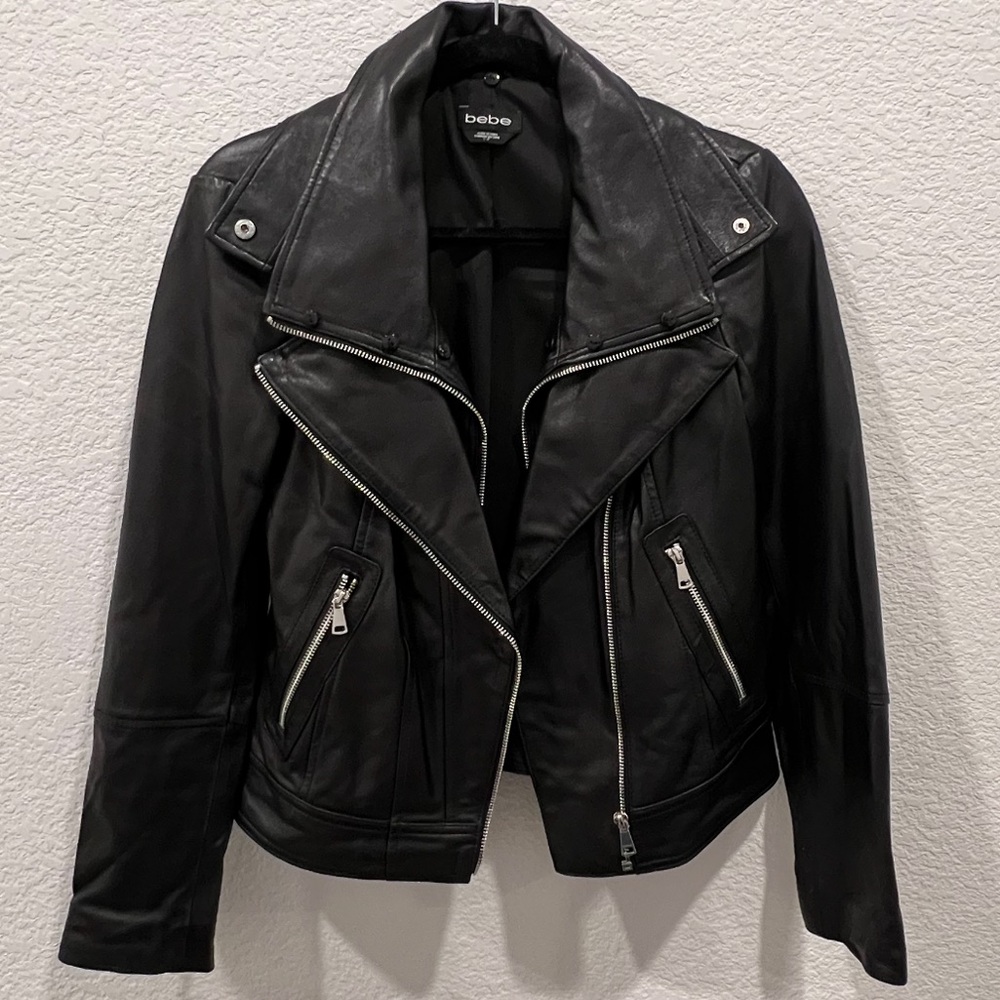 Bebe black Leather Moto Jacket silver hardware size Small S removable collar